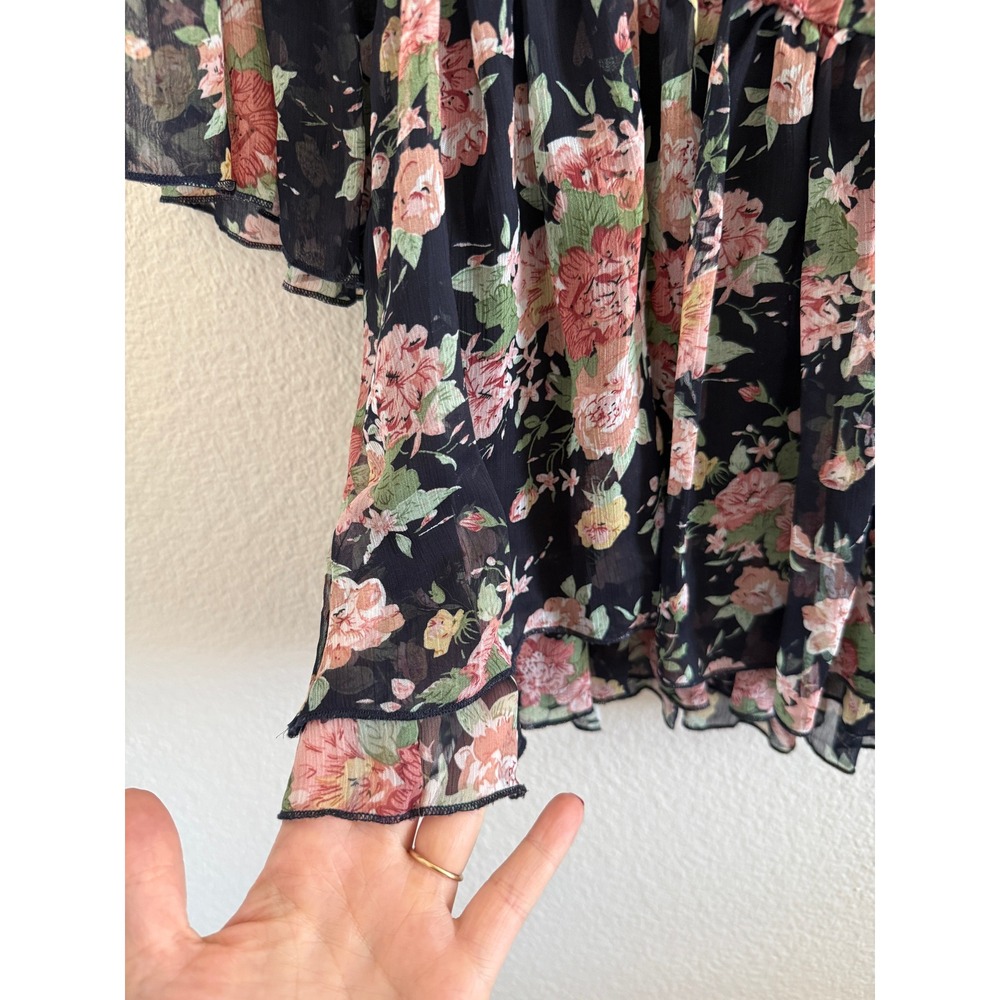 Miss Fox Delight Floral Babydoll Top Ruffle V-Neck Tiered Bell Sleeve Blouse - Picture 4 of 11